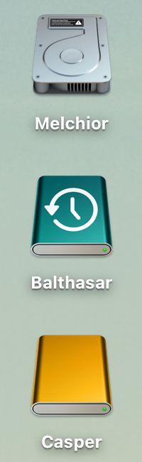Screenshot of drives on my Mac. Internal drive named Melchior, Time Machine drive named Balthasar, another drive named Casper.