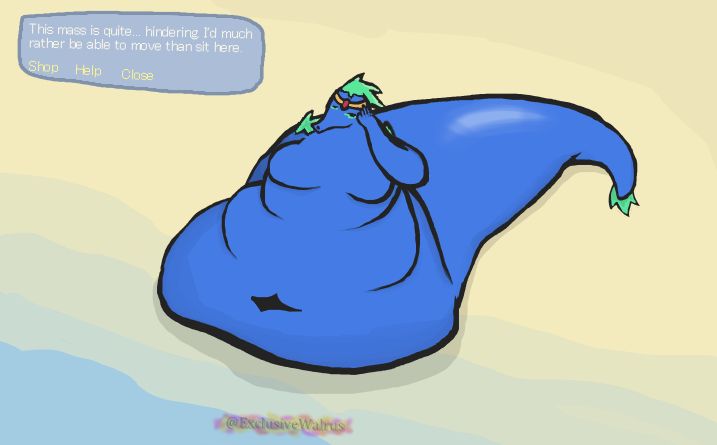 amidias from terrarias calamity mod. hes by the beach shore and hes fat as hell, unable to move. theres also a text box.
"This mass is quite... hindering. I'd much rather be able to move than sit here."