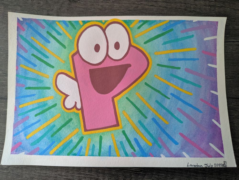 A "P" shaped mascot with wings. There is a rainbow of color painted with watercolors and acrylic.