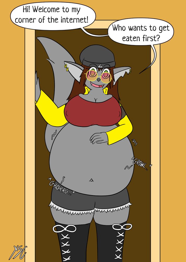 Silver cat lady with a colossal, engorged belly stands in the doorway asking who wants to be eaten first.