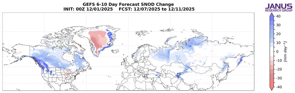 A map of the world shows potential snowfall in the 7th to 11th timeframe. The strongest and highest snowfall rates are along the coast ranges of western North America and the Rockies along with eastern Greenland.