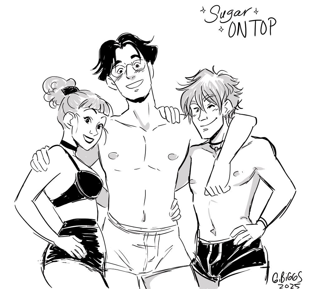 Man in middle smiling and hugging his partners, Brie (left) and Rye (right)