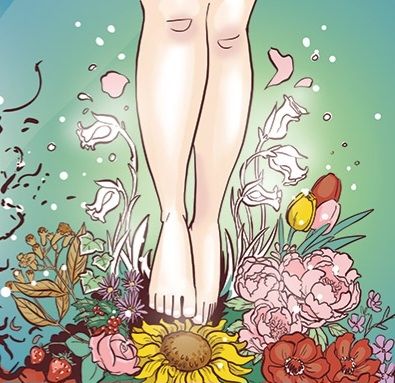 Comic panel showing woman's feet floating above many types of flowers.
