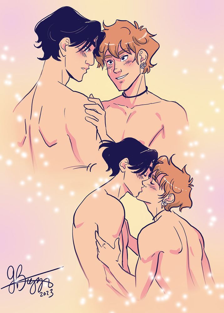 Frazier and Rye sharing a kiss. Background is shades of pink and yellow pastel.