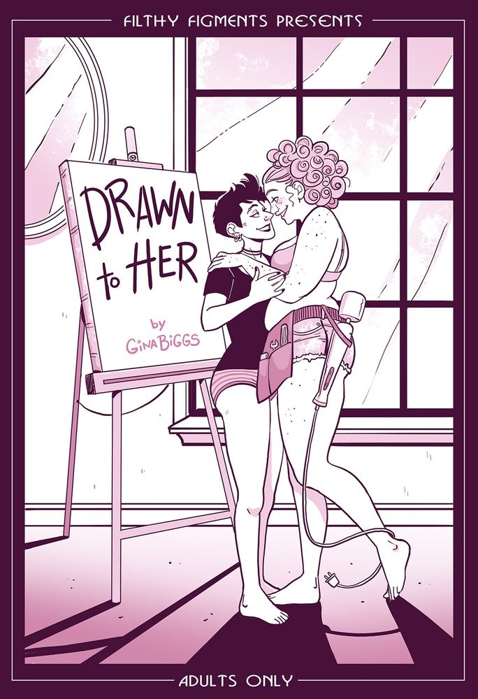 Cover art for Draw to Her, two ladies, one tall, one smol, in a cute embrace. Behind them sits an art easel and a large window. 