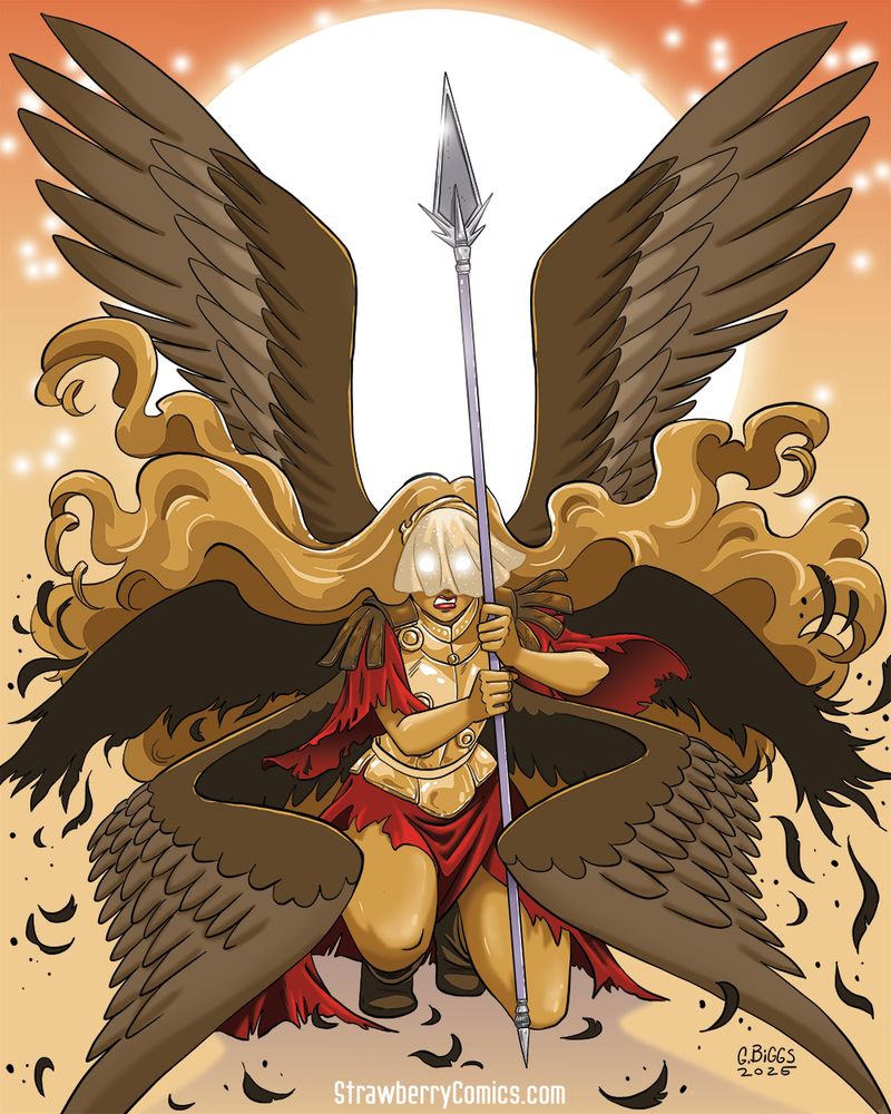 Woman with bronze skin and six eagle links holds herself up with a spear. Her eyes glow behind a veil.