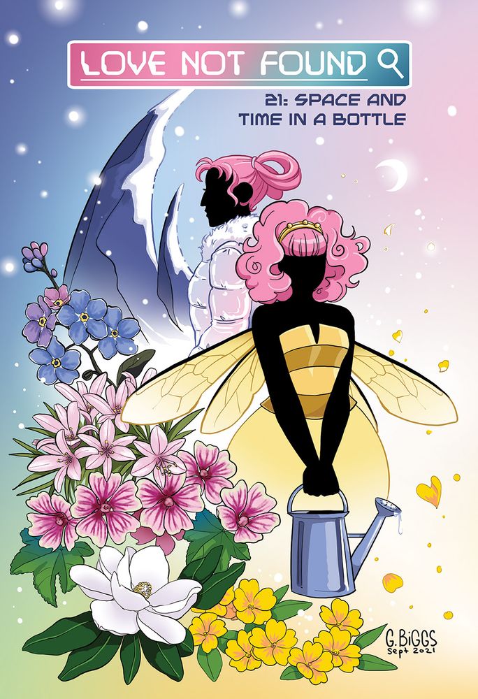 Two pink-haired sisters back to back, one in snow gear, the other in a summer bumblebee dress. Both forms are in silhouette while everything around them, the mountains, the flowers, the snow, are all in color.