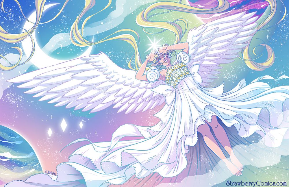 Princess Serenity in a billowy white gown, wings expanded across the universe <3