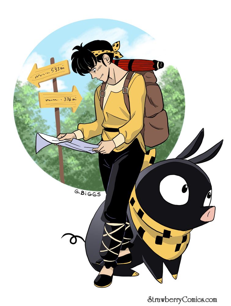 Ryoga looking down frustrated at a map At his feet, his cursed alter ego, P-chan.