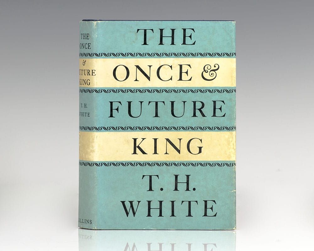 Cover image of the book The Once and Future King by T. H. White. The cover has a background of broad stripes of antique white and light aqua; the title and author's name are in all caps in a black serif font.