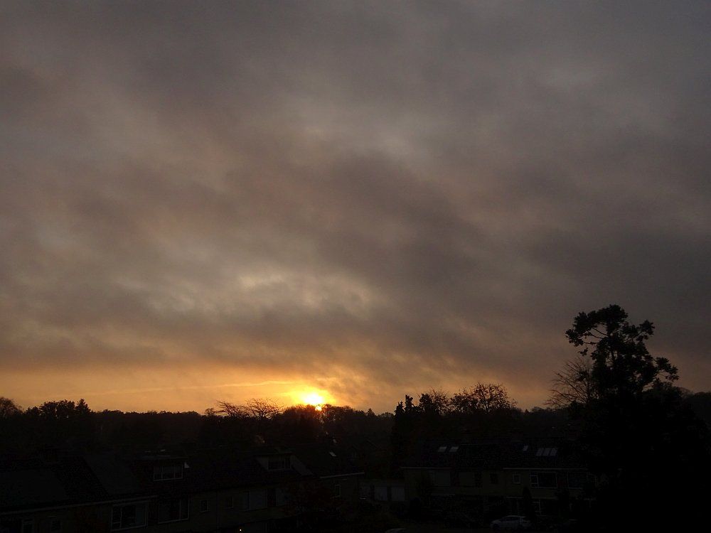 De opkomende zon is net boven de horizon uit. Aan de horizon een gele baan, daarboven grijze wolken. 

The rising sun is just above the horizon. On the horizon a yellow stripe, above it gray clouds.