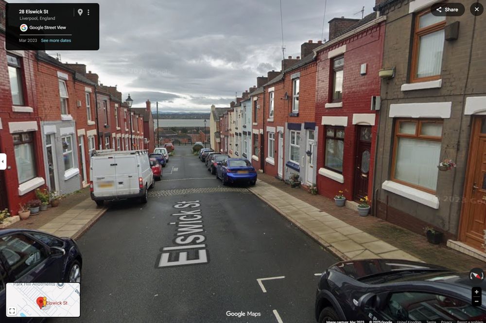 Google Maps image looking down Elswick Street, the street from the sitcom Bread, towards the Mersey.