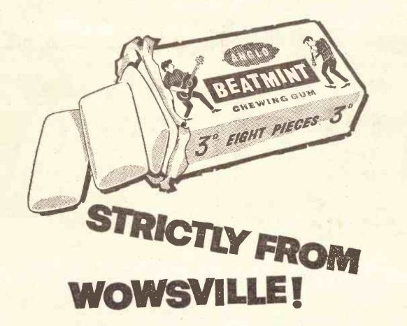 Illustration of a packet of chewing gum called Anglo Beatmint 3D Eight Pieces, plus the tagline Strictly From Wowsville!