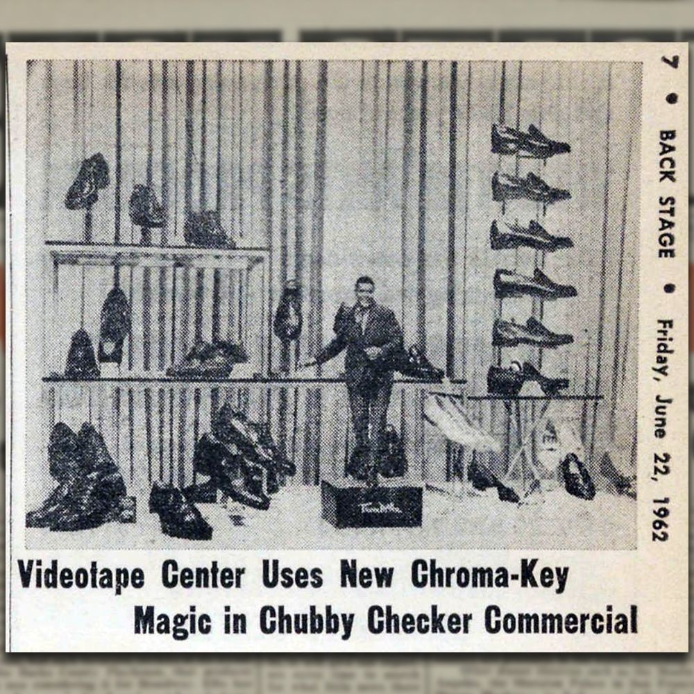 From Back stage magazine, Videotape Centre uses new Chroma-Key Magic in Chubby Checker Commercial. Photo shows a shrunk down Checker in amongst a display of shoes.