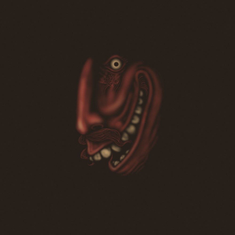 An unsettling mustachioed visage with a crimson complexion grins toothily from the darkness
