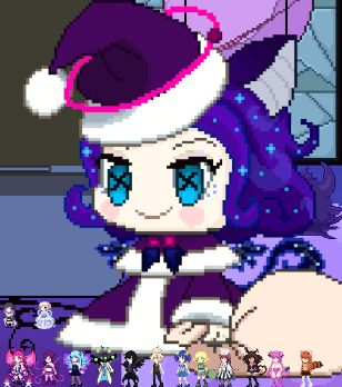 a Screenshot of Nebula's Padoru model with many other pixel dossl surronding her. Her clothes are dark purple and her hair is a lighter shade of purple with cian stars and a pink halo. She has dark cian button eyes.