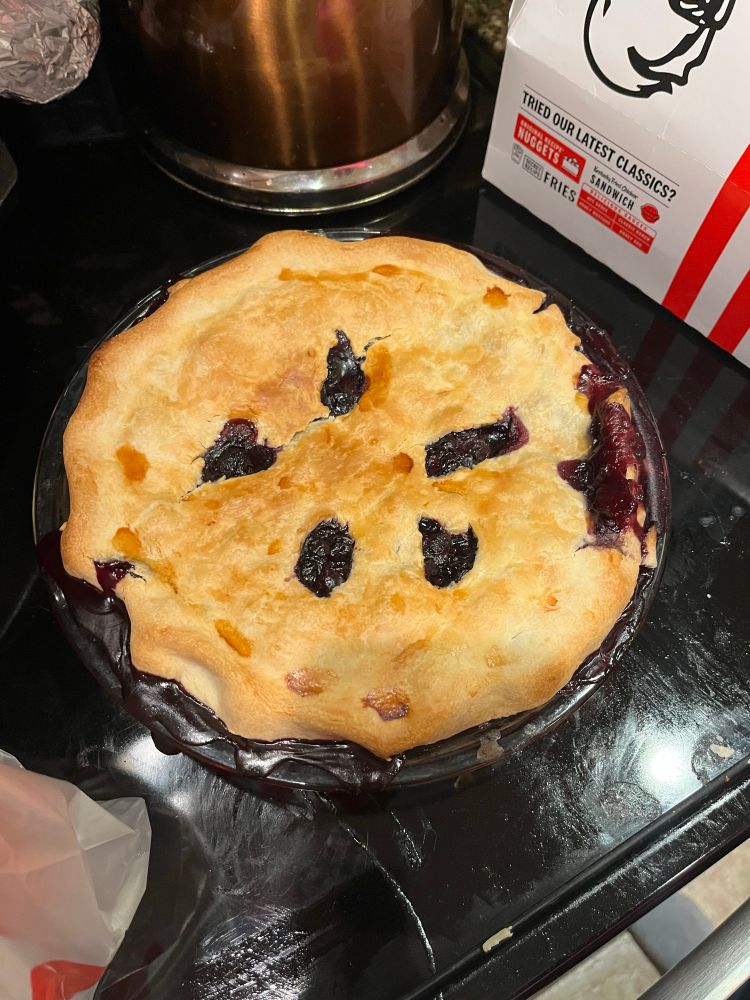 A baked blueberry pie sitting on a stovetop.
