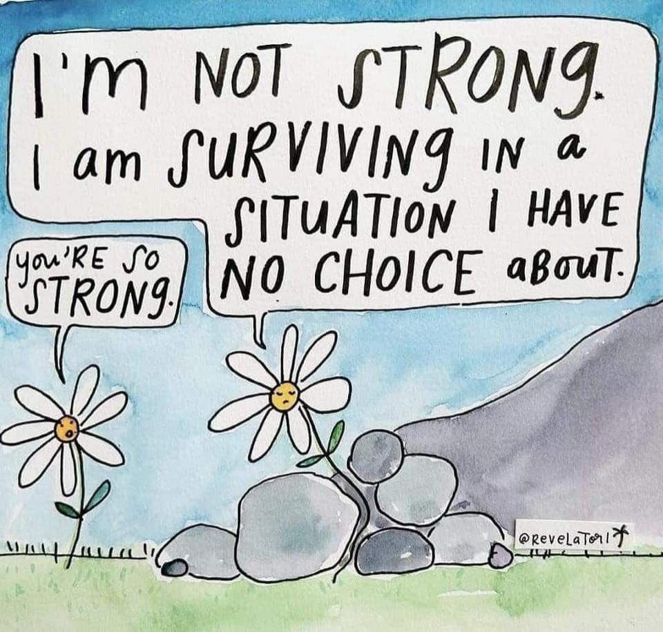 Zwei Gänseblümchen auf einer Wiese, links das Gänseblümchen sagt "You're so strong", das linke Gänseblümchen, welches zwischen zig Steinen heraus gewachsen ist antwortet: I'm not strong. I am surviving in a situation I have no choice about.