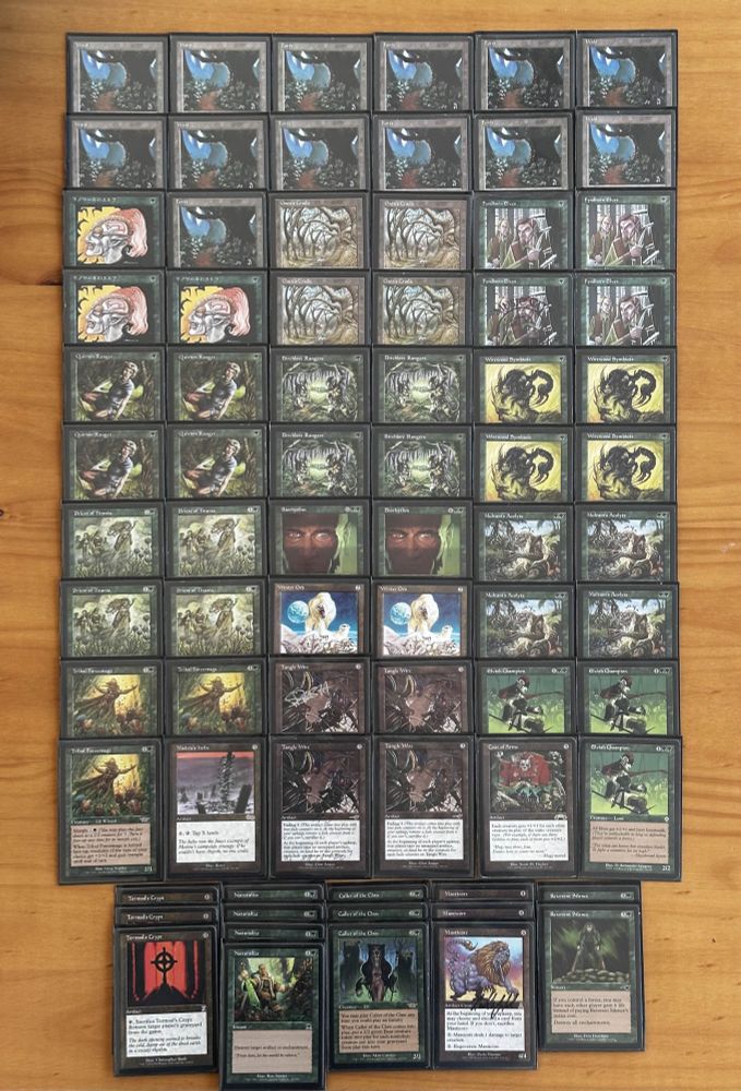 13 Forest
4 Gaea's Cradle
4 Birchlore Rangers
3 Elvish Champion
4 Fyndhorn Elves
3 Llanowar Elves
4 Multani's Acolyte
4 Priest of Titania
4 Quirion Ranger
3 Tribal Forcemage
4 Wirewood Symbiote
2 Biorhythm 1 Coat of Arms
1 Mishra's Helix
4 Tangle Wire
2 Winter Orb

3 Caller of the Claw
3 Masticore
4 Naturalize
2 Reverent Silence
3 Tormod's Crypt