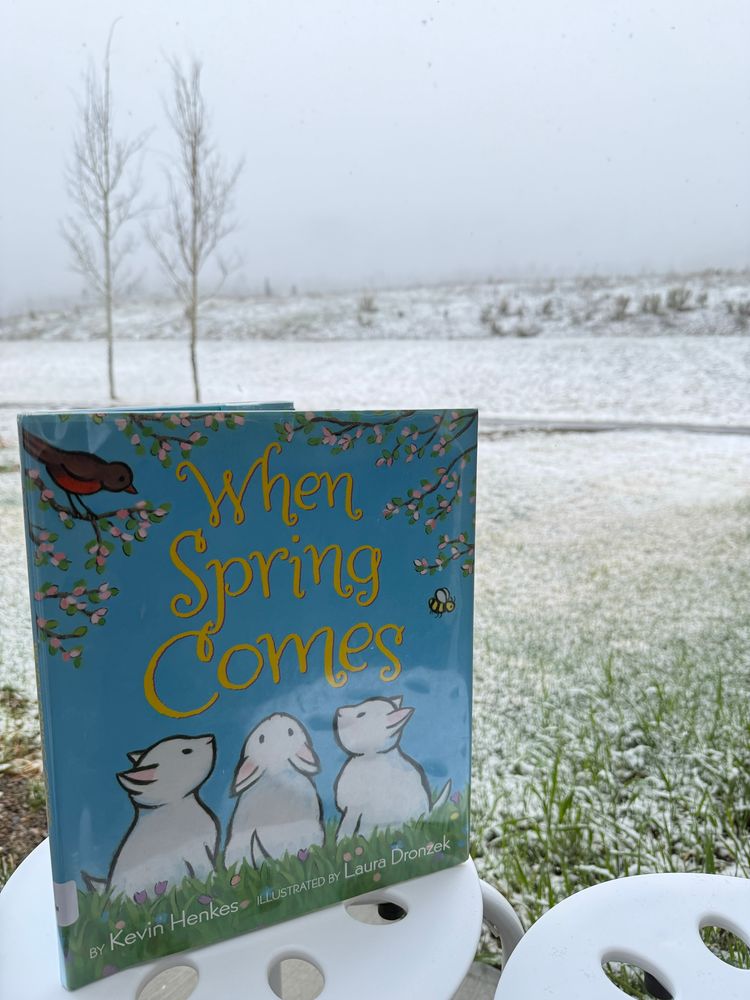 A picture book with a blue cover and yellow lettering entitled “when spring comes” by Kevin Henkes sits on a white chair in front of a grassy field covered in snow.