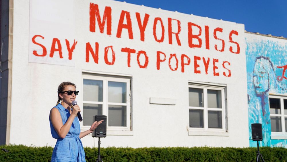 Kat Abughazaleh, running for U.S. House, shows up at Popeyes protest.