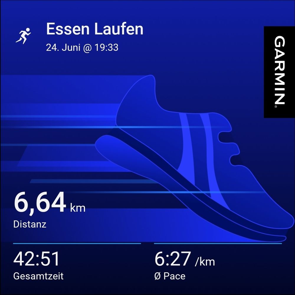 6,64 km in 42:51 min. 6:27 Pace.