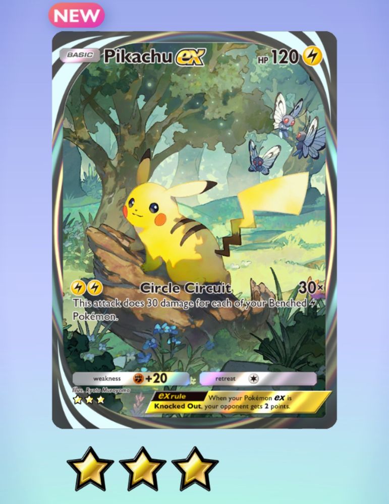 An image of Pikachu on a Pokemon TCG Pocket card, a 3-star rarity card.