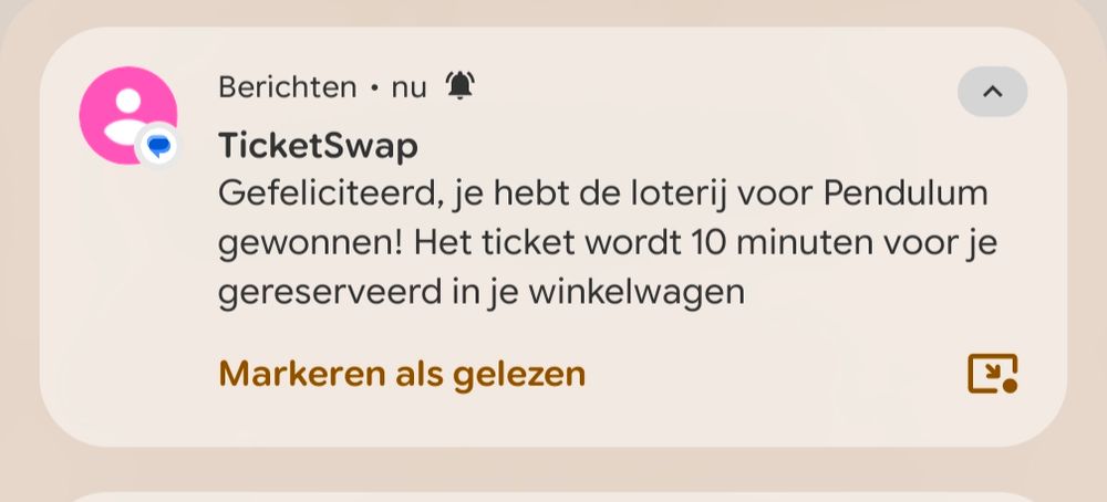 Bericht van ticketswap dat ik een kaartje voor pendulum kan kopen