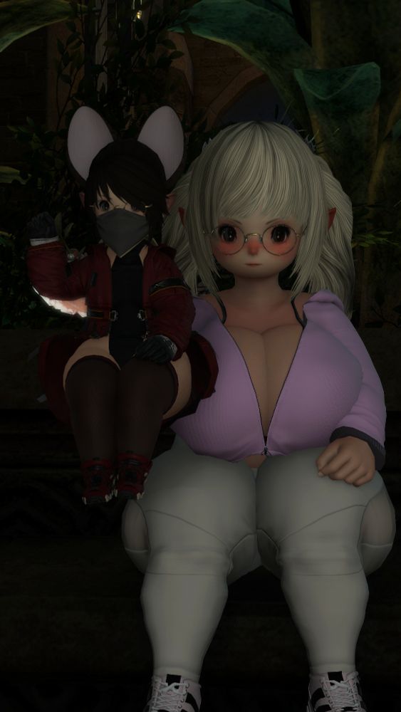 A well-endowed woman holding a much smaller woman in one hand, the smaller one  has big mouse ears.