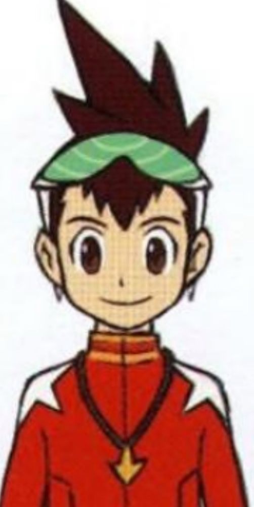 This is a capped screenshot of Geo Stelar, the protagonist of the Megaman Star Force franchise. This image was taken from the 'Megaman Star Force Official Works' art book from his character mode page. Geo Stelar in this picture is seen from the mid-body up with a particular emphasis on his rounded features.