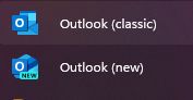 An image of two Windows menu items, titled Outlook (classic) and Outlook (new).