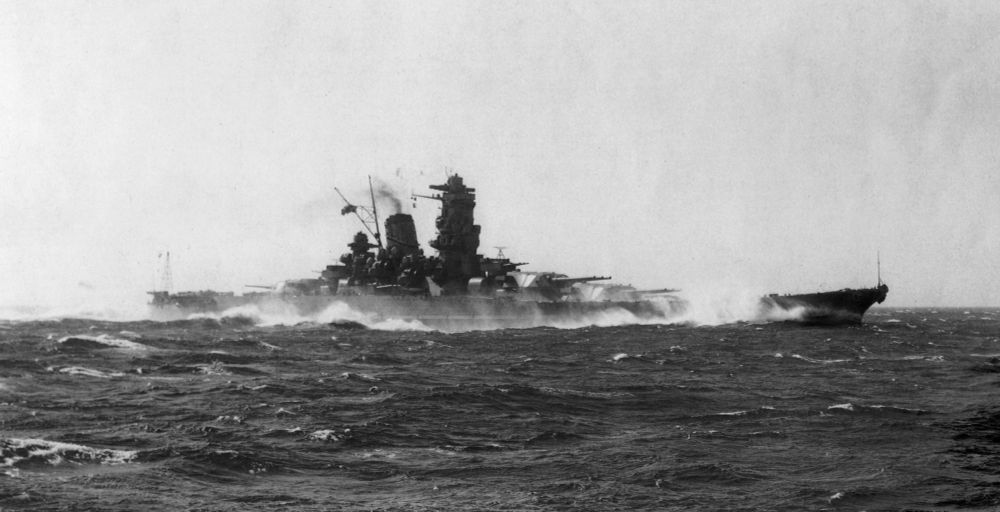 Japanese Battleship Yamato on speed trials off the coast of Japan on 20 October, 1941.  She reached a speed of just over 27 knots.  She is shown here running in moderate seas, with a large bow wave that brings water up over the fo'castle.