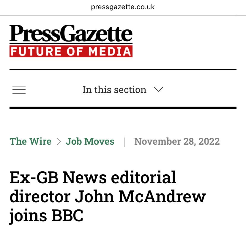 Headline from the Press Gazette from 2022 showing ex-GB News editorial director has joined the BBC.
