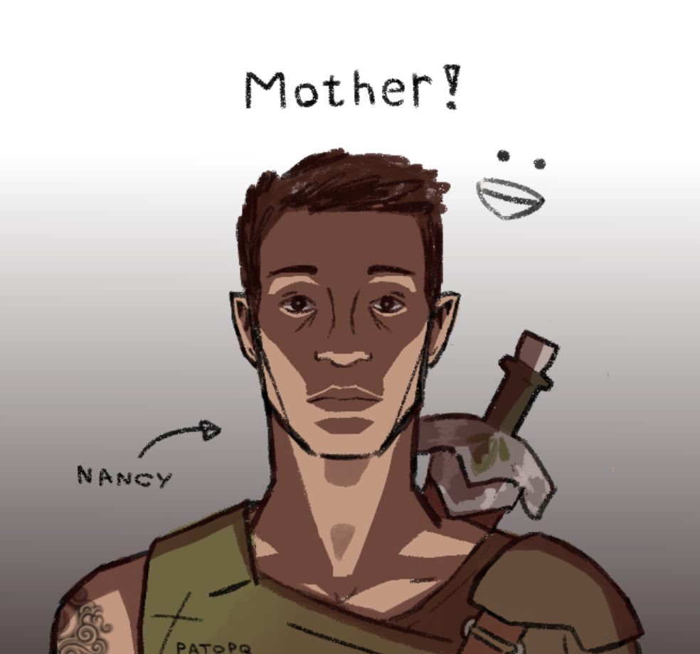 A digital drawing of Orym from critical role from the shoulders up, this time in a more anatomically serious style, with dramatic lighting coming from below
he's looking straight to the front (at us, you could say) with a completely blank face, saying "Mother!"
there's a little arrow pointing at him that says "Nancy"