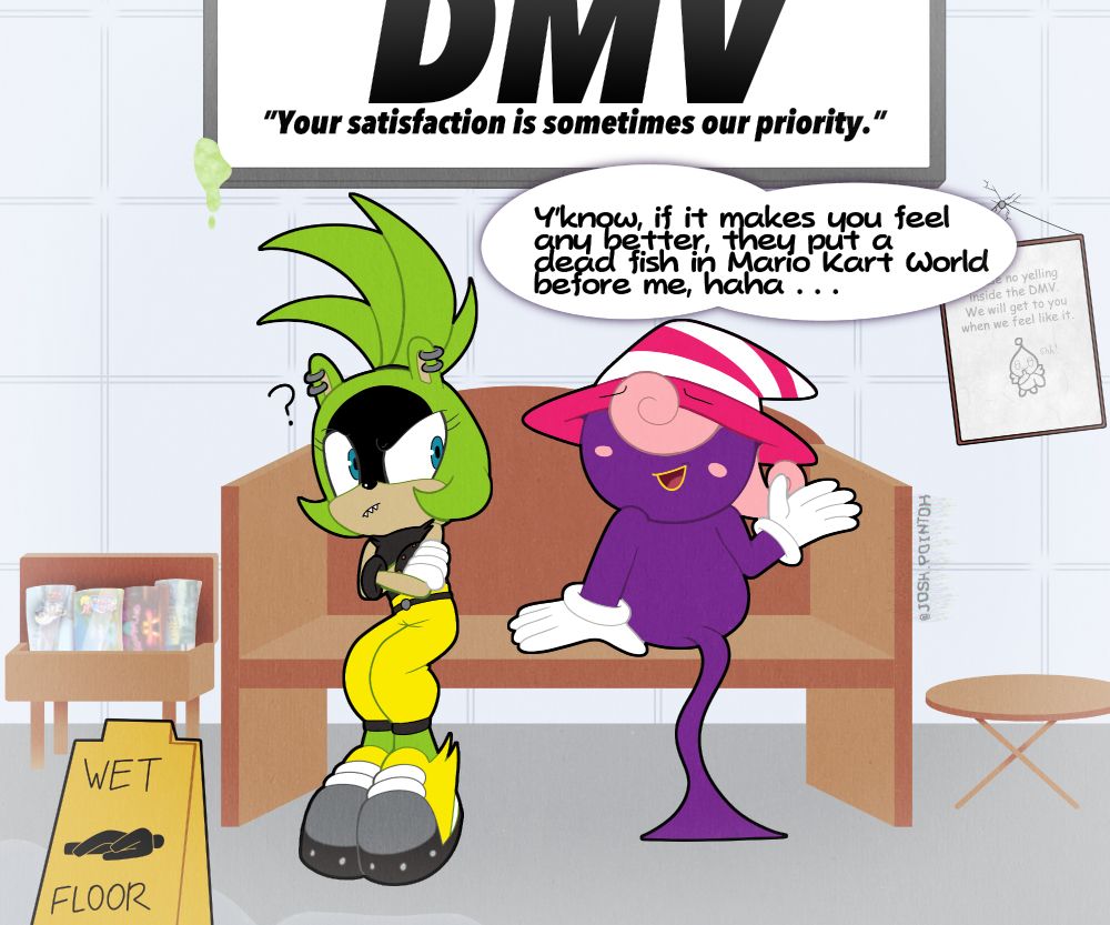 Surge the Tenrec from Sonic and Vivian from Paper Mario: Thousand Year Door waiting at the DMV to be accepted into Sonic Racing Crossworlds and Mario Kart World, respectively.  Vivian tries to comfort Surge by saying Fish Bone got into Mario Kart World before she did.