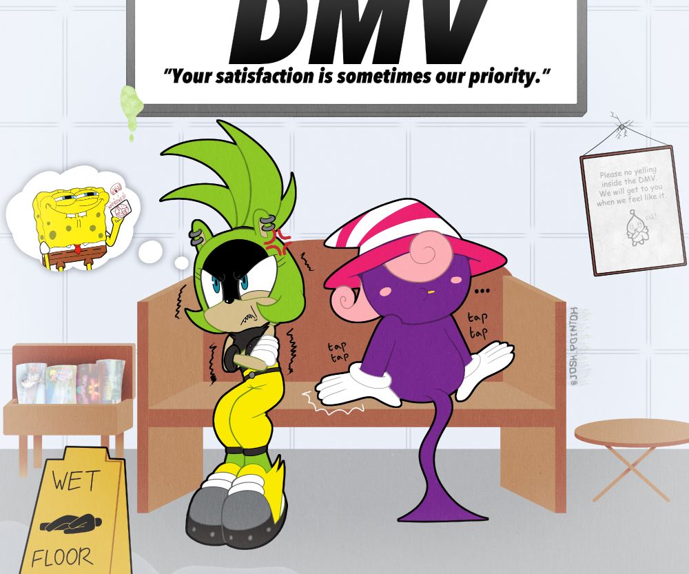 Surge the Tenrec from Sonic and Vivian from Paper Mario: Thousand Year Door waiting at the DMV to be accepted into Sonic Racing Crossworlds and Mario Kart World, respectively.  Surge is angrily thinking about SpongeBob getting in before her, and Vivian is awkwardly tapping her hands on the bench as she waits.