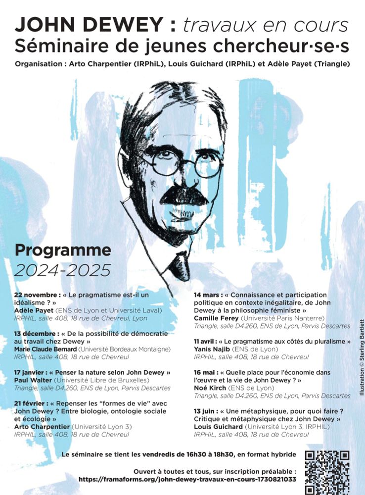 Affiche du séminaire "John Dewey : travaux en cours" avec le calendrier des séances. Toutes les informations sont disponibles en cliquant sur le lien