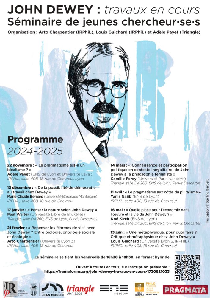 Affiche du séminaire "John Dewey : travaux en cours", qui contient une représentation stylisée du visage de Dewey, ainsi que le programme des séances qui est aussi accessible ici : https://triangle.ens-lyon.fr/spip.php?rubrique1457