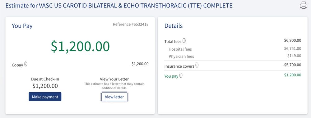a screenshot of an estimate from emory university hospital showing a cost of $1,200 for a cardiac echo. 