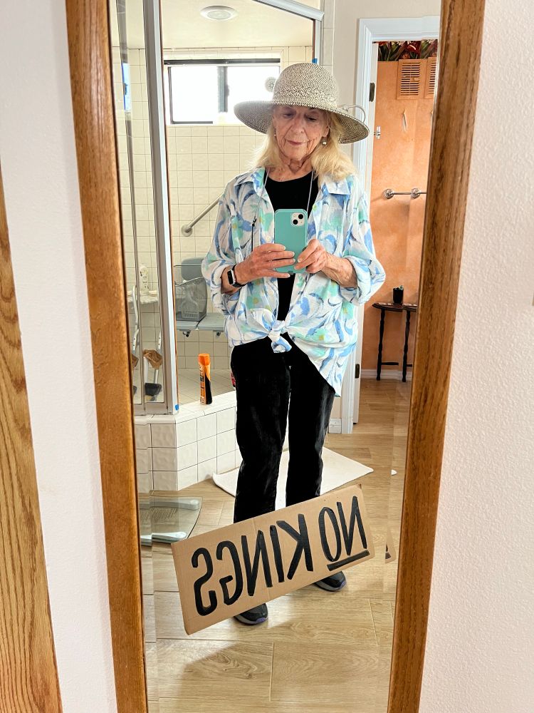 Photo of my Grammie with “No Kings” sign before going out to protest
