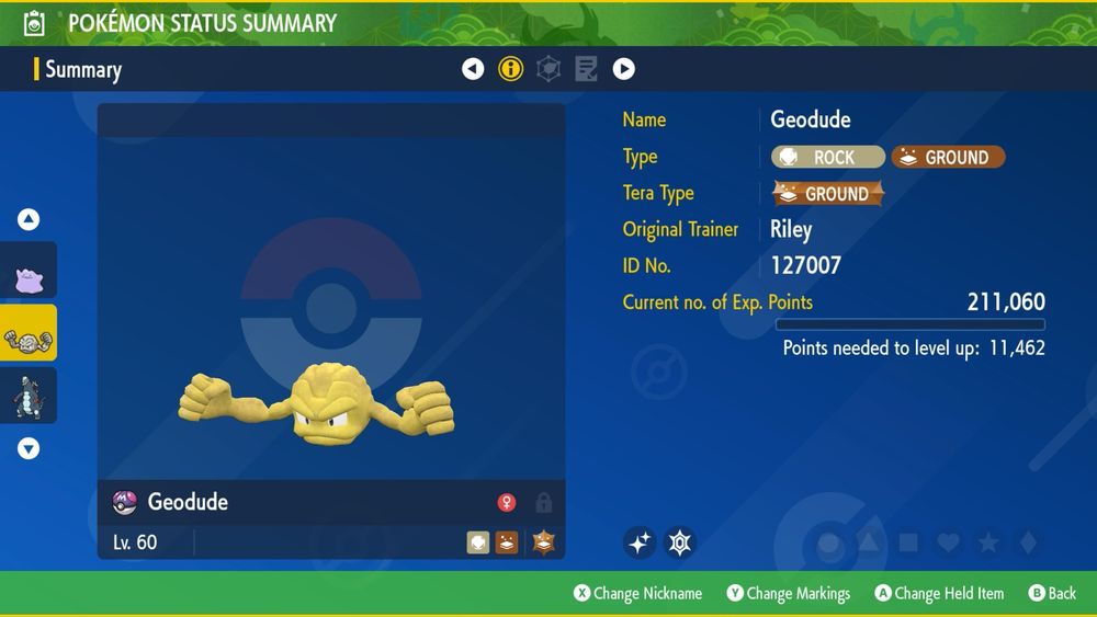 Shiny Geodude summary screen