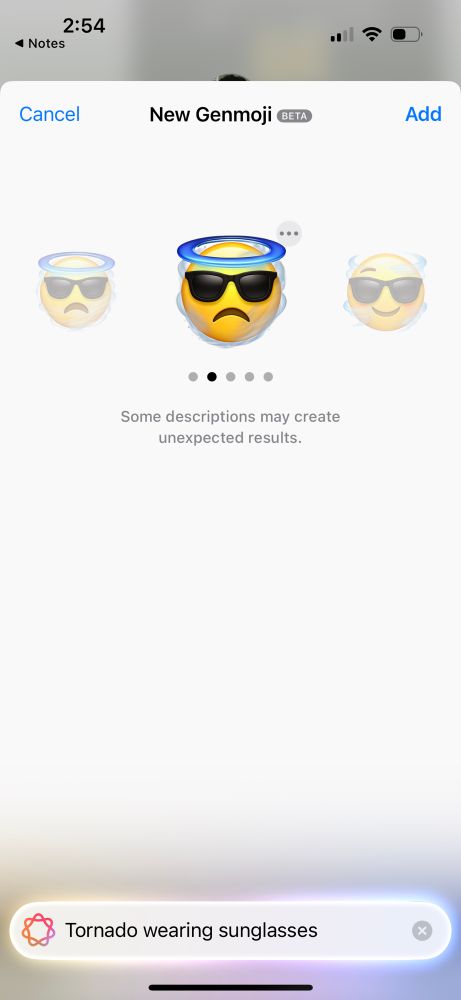 Using Genmoji to create “tornado wearing sunglasses” with a bunch of horrible suggestions of emoji faces