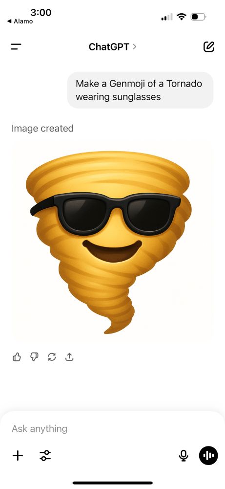 Asking ChatGPT to make a Genmoji of a tornado wearing sunglasses, producing what you’d expect