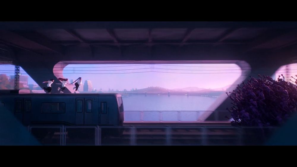 Coming from the left Rumi, Mira and Zoey still on top of the subway running towards the front of the train; coming from the right is a squirming mass of demons on collision course with the train. In the background between the frame of the bridge the river the bridge is spanning over can be seen, also another bridge, some hills and a bit of skyline.