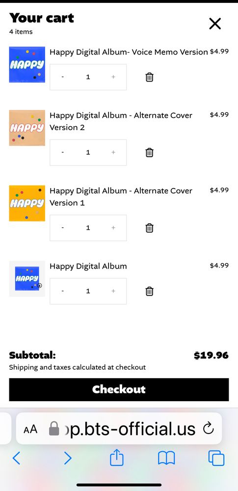 Pic of 4 different digital happy albums in cart
