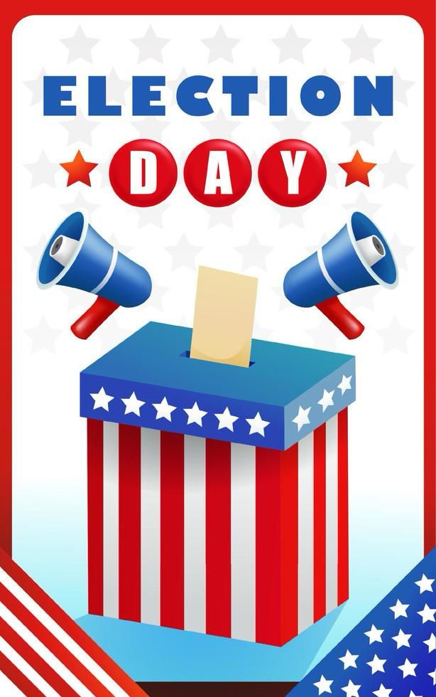 Image of a Ballot box and bullhorns in red, white, and blue, titled Election Day