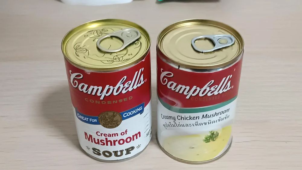two Campbell's soup cans: one cream of mushroom, the other creamy chicken mushroom