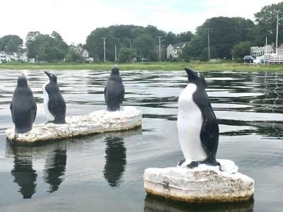 Statues of penguins float on water seeking their cormorant friends.