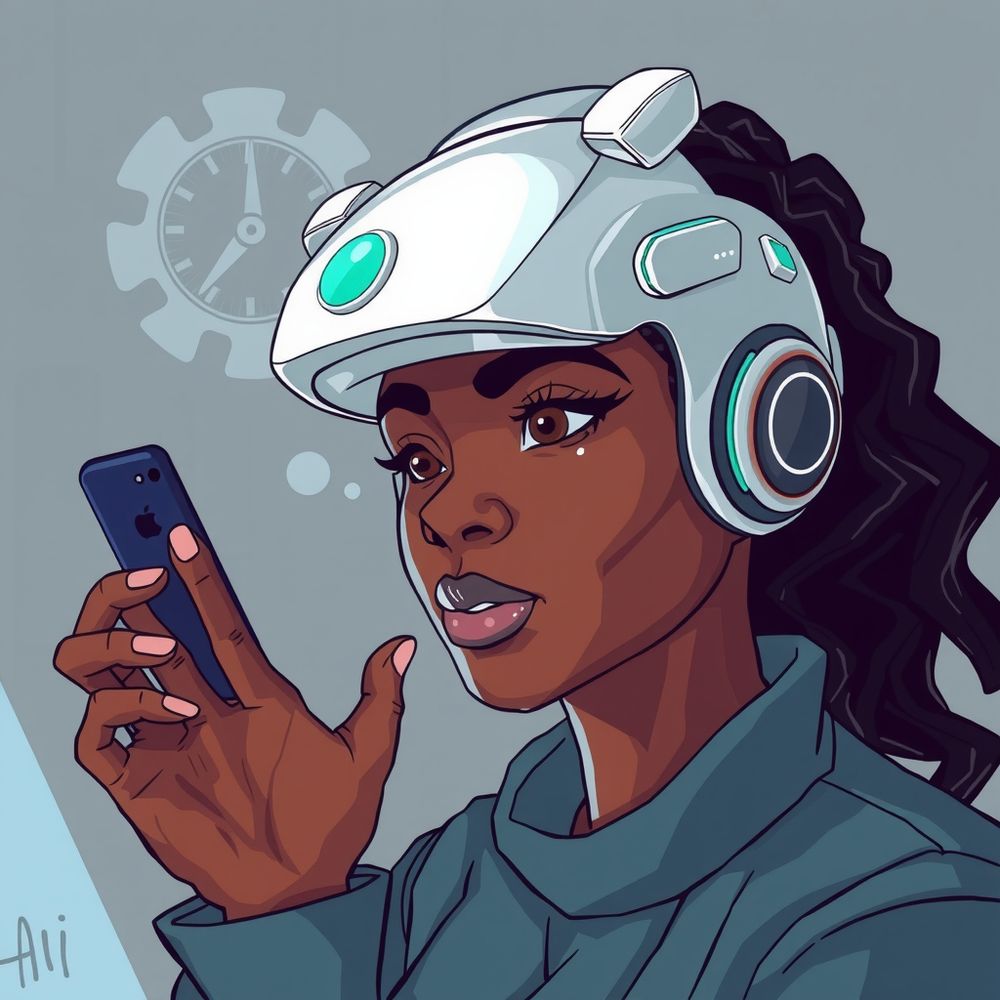 DALL-E created image of a Black woman in a robot helmet staring at a phone. The prompt given was to capture someone's first encounter with AI.