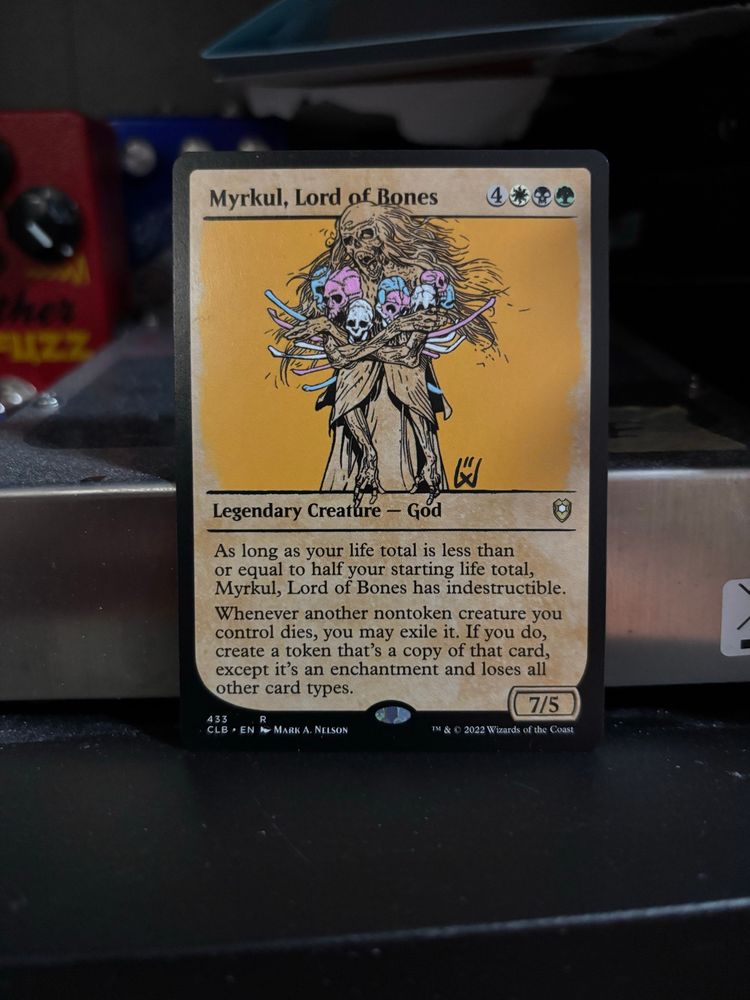 Myrkul, Lord of Bones
{4}{W}{B}{G}
Legendary Creature — God
As long as your life total is less than or equal to half your starting life total, Myrkul has indestructible.
Whenever another nontoken creature you control dies, you may exile it. If you do, create a token that’s a copy of that card, except it’s an enchantment and loses all other card types.
7/5
Illustrated by Mark A. Nelson

Altered with pink, light blue, and white paint